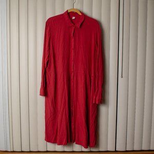 Red Button-Down Long-Sleeved Swing Dress